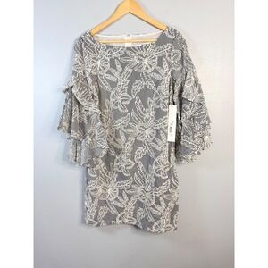 Badgley Mischka Striped Floral Tiered Bell Sleeve Boatneck Dress Size 6 NWT